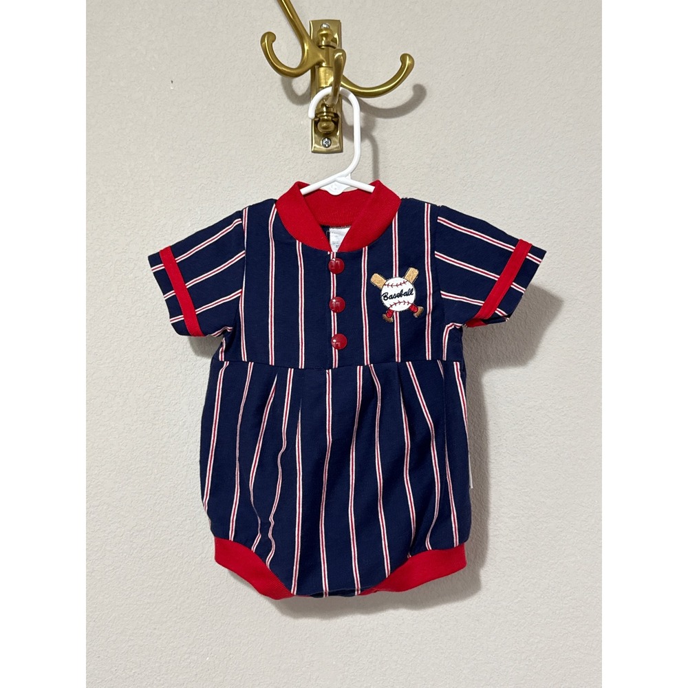 Healthtex Baseball Romper Baby 6-9M Navy Blue Pinstripe Red‎ Trim Snap Bottom